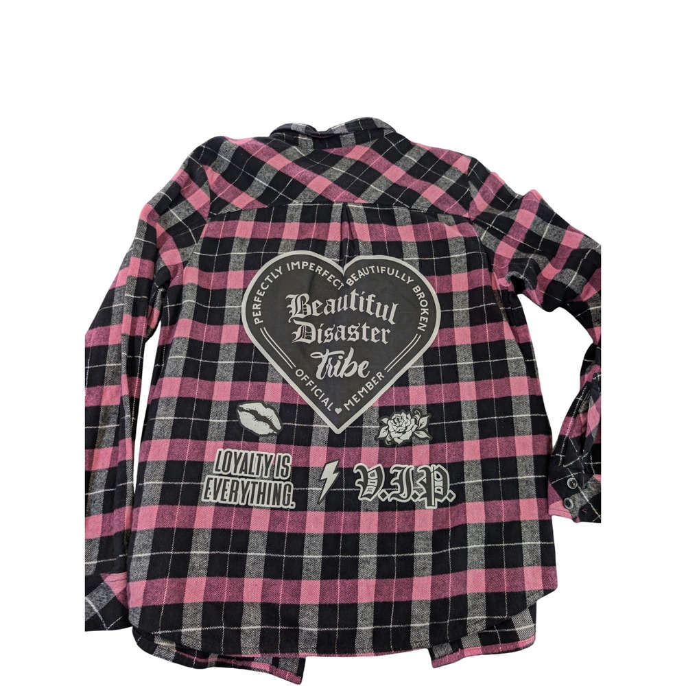 Beautiful Disaster Tribe Flannel Shirt Size L Pink Black Plaid Graphic Edgy